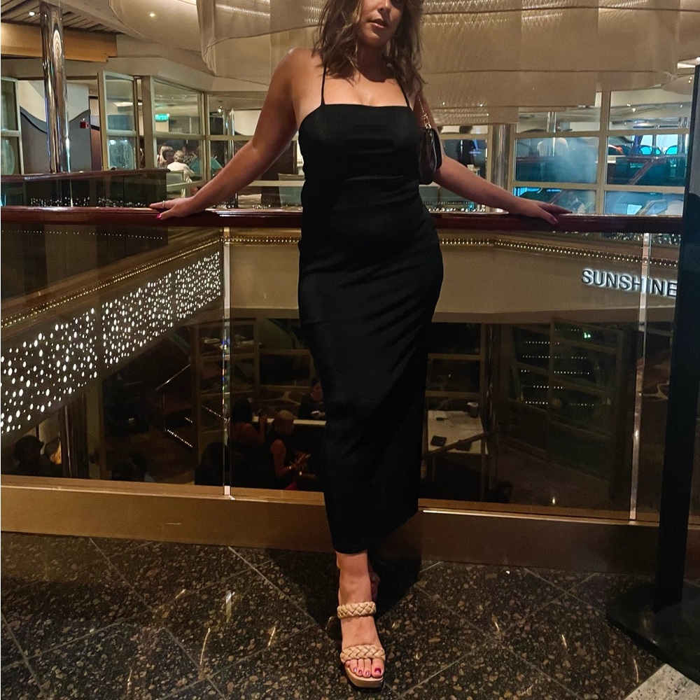 Elegant Black Maxi Dress with Slit & Lace Up Back
